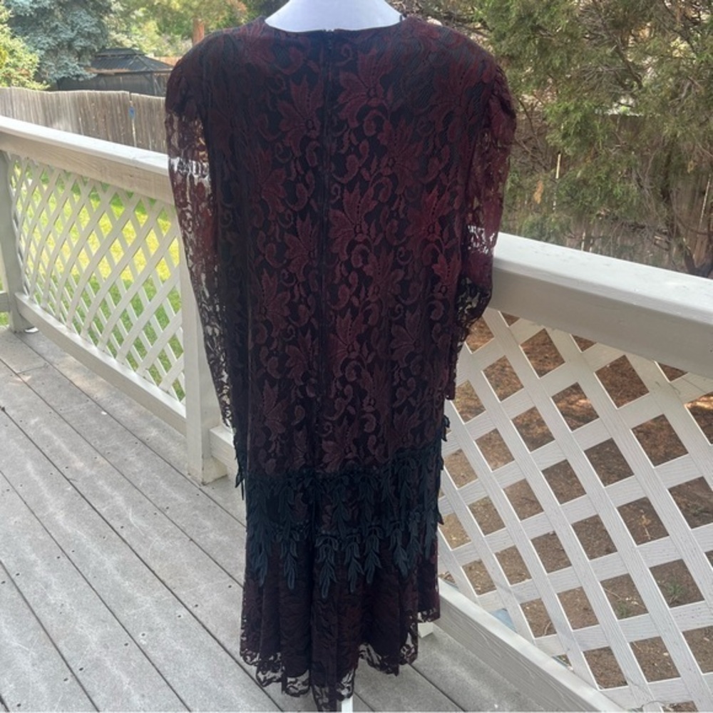 Vintage David Rose Maroon Lace Black Midi Dress Padded Shoulders LS‎ Formal - Picture 5 of 11